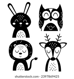 Black and white animals clipart in cartoon flat style. Cute woodland animals clipart. Animals doodle. 