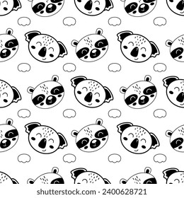 Los animales blancos y negros se enfrentan a un conjunto de patrones sin fisuras. Un animal lindo se enfrenta al papel digital. Patrón de cabezas de animales en dibujos animados de estilo plano.
