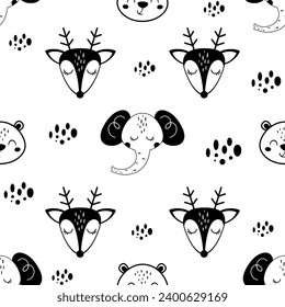 Los animales blancos y negros se enfrentan a un conjunto de patrones sin fisuras. Un animal lindo se enfrenta al papel digital. Patrón de cabezas de animales en dibujos animados de estilo plano.