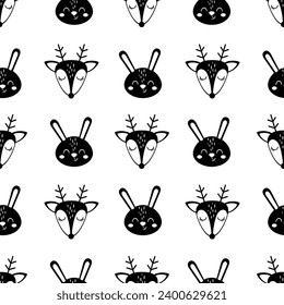 Black and white animals faces seamless pattern set. Cute animal faces digital paper. Animal heads pattern in cartoon flat style.
