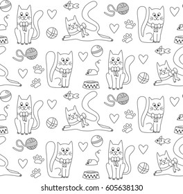 Black and white animals pets cats doodle seamless vector pattern cute funny childish