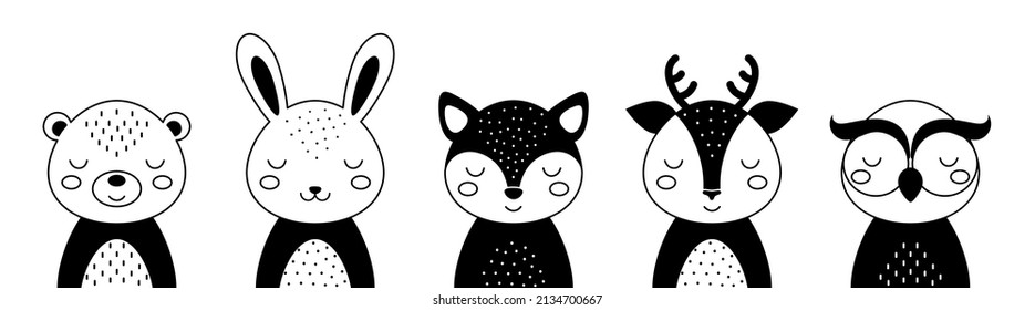 Black and white animals set of bear, hare, fox, deer, owl. Cute animals in scandinavian style. Desing for kids t-shirts, wear, nursery decoration, greeting cards. Vector illustration.