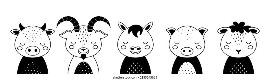 Grupo de animales blancos y negros de vaca, cabra, caballo, cerdo, oveja. Animales bonitos al estilo escandinavo. Diseño de camisetas para niños, ropa, decoración de guardería, tarjetas de felicitación. Ilustración vectorial.
