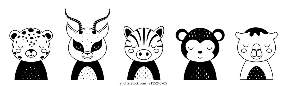 Black and white animals set of jaguar, gazelle, zebra, monkey, camel. Cute animals in scandinavian style. Desing for kids t-shirts, wear, nursery decoration, greeting cards. Vector illustration.