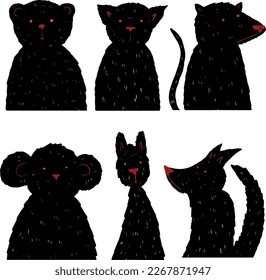 black and white animals, stylized monkey, cat, dog, opossum, hare.  stylish icons for text decoration, with wool