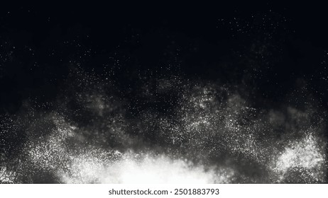 Black and white animation of bright particles flying upwards. Dynamic particles float chaotically in slow motion in space. Shimmering sparkling particles. Real colorful particles in the air. 3D vector