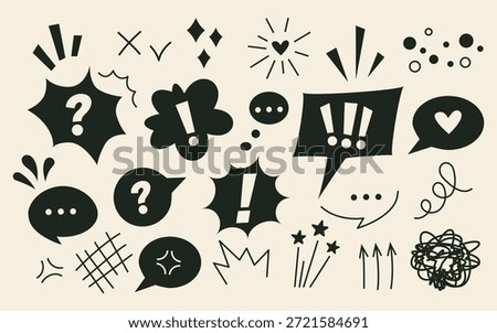 Black and white anime emotion effects with expressive speech bubbles and dynamic action lines. Hand drawn doodle style vector set of exclamation marks, emoticon symbols, expression elements for comics