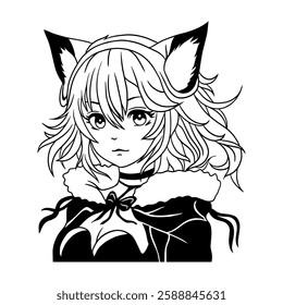 Black and white anime-style illustration of a fox girl with fluffy ears and wavy hair. Perfect for coloring pages, fantasy themes, furry art, and manga lovers. High-detail vector drawing.