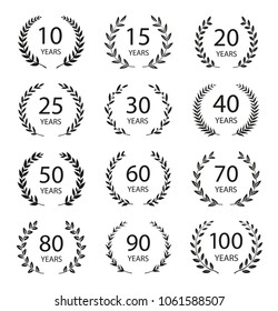 Black and white anniversary symbols isolated on black background. 10, 15, 20, 25, 30,40,50,60,70,80,90, 100 years. Template for award and congratulation design. 