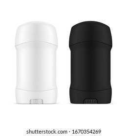 Black and white antiperspirant or deodorant package design. 3d vector template for odor, perfume container. Branding and skin care product mockup. Plastic blank realistic packaging design