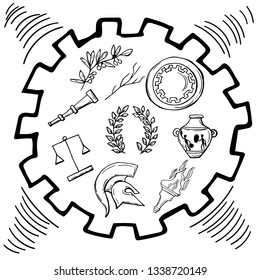 Black and white antique vector isoleted set : helmet , laurel wreath, scales, vase, torch, shield, olive tree branch. Clip art for invitations, banners. In sketch style.