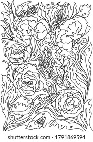 black and white antistress coloring book with flowers and butterflies