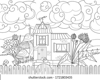 Black and white antistress paint. Contour painting. A fairy-tale landscape with a house and clouds in flowers. For anti-stress books, relax. Vector graphics.