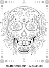 Pintura antiestrés en blanco y negro. Pintura de contorno. Calavera de azúcar con un mural mexicano tradicional para celebrar el día de la muerte. Para los libros antiestrés, relájese. - Gráficos vectoriales