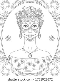 Pintura antiestrés en blanco y negro. Pintura de contorno. Una chica con el tradicional maquillaje de Katrina para la celebración del día de la muerte. Para los libros antiestrés, relájese. - Gráficos vectoriales