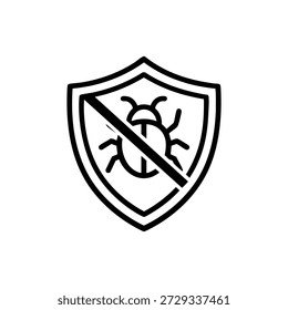 Black and white antivirus shield icon with bug protection symbol for programming and artificial intelligence security