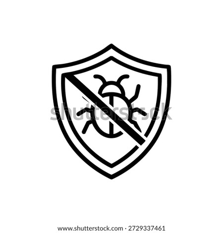 Black and white antivirus shield icon with bug protection symbol for programming and artificial intelligence security