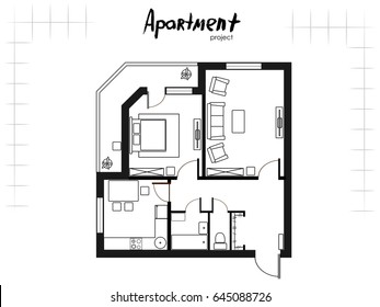 black and white apartment project. Floor plan with furniture. Kitchen, living room, bedroom and balcony. Handwritten inscription. Vector illustration of top view