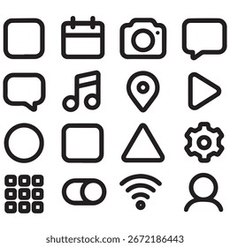 Black and white app button icon set pack minimalist vector icons
