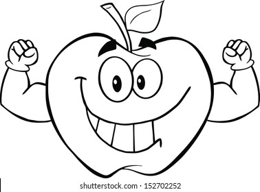 Black And White Apple Cartoon Mascot Character With Muscle Arms