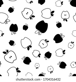 Black and white apple flat vector illustration seamless pattern, outlines