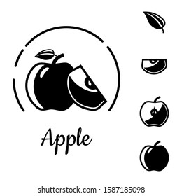 Black and white apple icon set. Whole and cut apples silhouette isolated on white background for tattoo art. Vector logotype. Autumn fruit collection. 