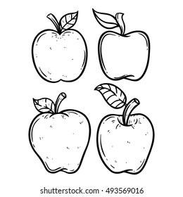 Black And White Apple Set Using Doodle Art Or Hand Drawing Style