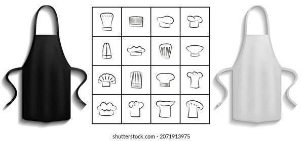 Black and white aprons near cooking symbols. Clothes for work in kitchen, protective element of clothing for cooking. Chef clothing with long straps. Aprons next to icons of kitchen utensil, toque