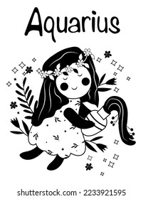 Black and white Aquarius astrological sign. Funny Zodiac sign with colorful leaves and stars around. Aquarius perfect for posters, logo, cards. Vector illustration
