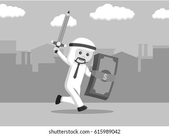 black and white arab businessman attack with sword pencil and dollar shield black and white style