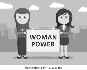 black and white arab businessman and businesswoman with woman power board black and white style