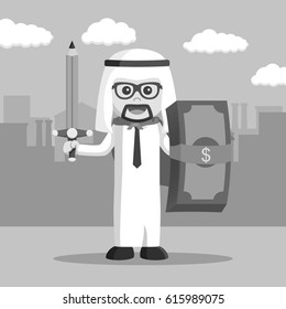 black and white arab businessman with sword pencil and shield dollar black and white style