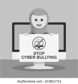 black and white arab businesswoman with stop cyber bully board on monitor black and white style