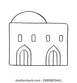 Black and white Arabic house vector illustration. Simple flat traditional Islamic Middle East architecture front with windows and doors. Ancient line hut with dome