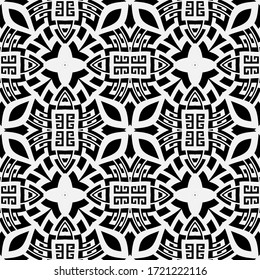 Vector de estilo árabe blanco y negro sin fisuras. Fondo arabesco geométrico. Repita el fondo de simetría. Ornamento tribal de la cruz griega. Diseño floral moderno con flores abstractas, formas.