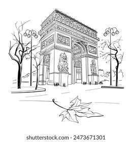 Black and white Arc de Triomphe in Paris, France, showcasing its carvings and surrounding trees