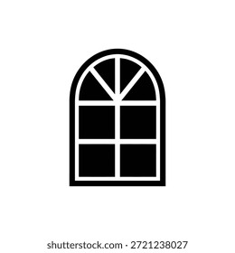 Icono de ventana arqueada en blanco y negro con patrón de cuadrícula que representa la arquitectura o el diseño del hogar