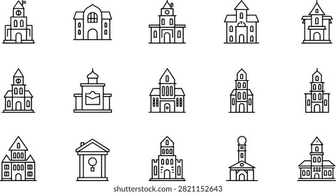 Black and white architectural building icons, civic structure vector illustration set, minimal design collection, school and church artwork symbols