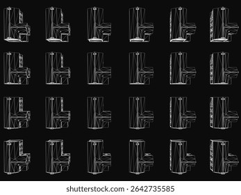 Black and white architectural drawing of a building with numerous windows, part of a series arranged in a grid pattern. Each structure features a unique design, set against a dark background for a.
