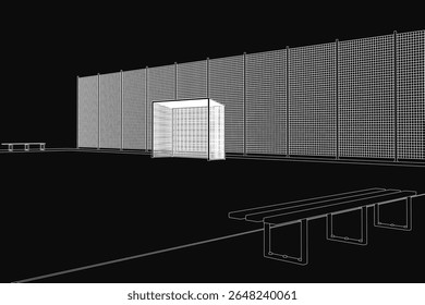 A black and white architectural drawing features a building with a prominent bench in front, set against a dark background. The sketch has clean lines and a minimalist style, evoking a football.