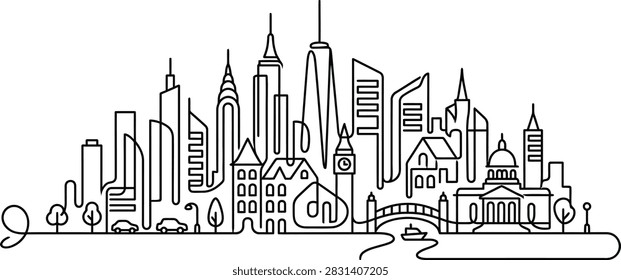 Black and white architectural line drawing of a Gothic cathedral with spires and arches