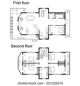 Black and White architectural plan of a double decker house. Layout of apartment with furniture in drawing view. With kitchen and bathroom, living room and bedroom. Plan of first and second floors.