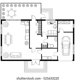 Black And White Architectural Plan Of A House With Car. Layout Of The Apartment With The Furniture In The Drawing View. With Kitchen And Bathroom, Living Room And Bedroom, With Garage.