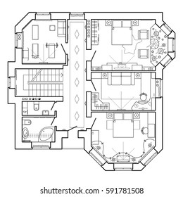 Black and White architectural plan of a house. Layout in top view of the apartment with the furniture icons in the drawing view.  Vector project of house interior, blueprint.