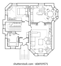 Black and White architectural plan of a house. Layout in  top veiw of the apartment with the furniture icons in the drawing view. Vector project of house interior, blueprint.