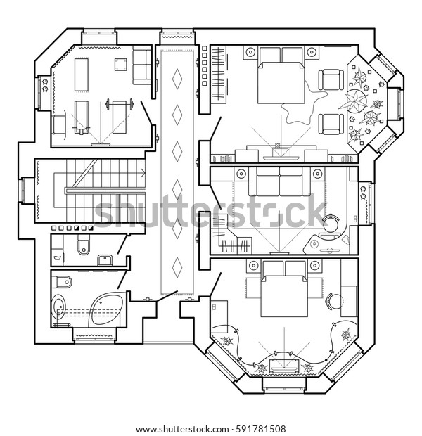 Black White Architectural Plan House Layout Stock