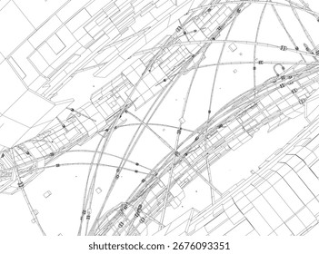 Dibujo arquitectónico en blanco y negro de una estación espacial, con intrincadas líneas simétricas y una composición geométrica limpia.