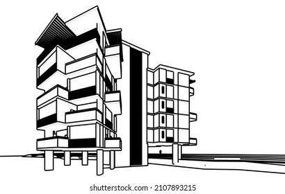 black and white architecture building vector drawing