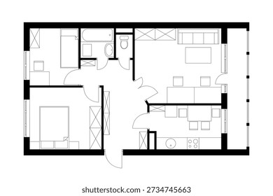 Plano de arquitetura preto e branco de apartamento com móveis. 