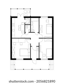 Black and white architecture plan of country house with furniture. Cottage. Vector illustration